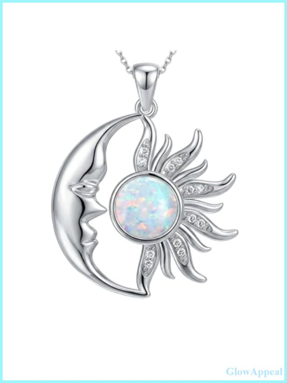 925 Sterling Silver Opal Diamond Sun Moon Pendant Necklace 18+2"